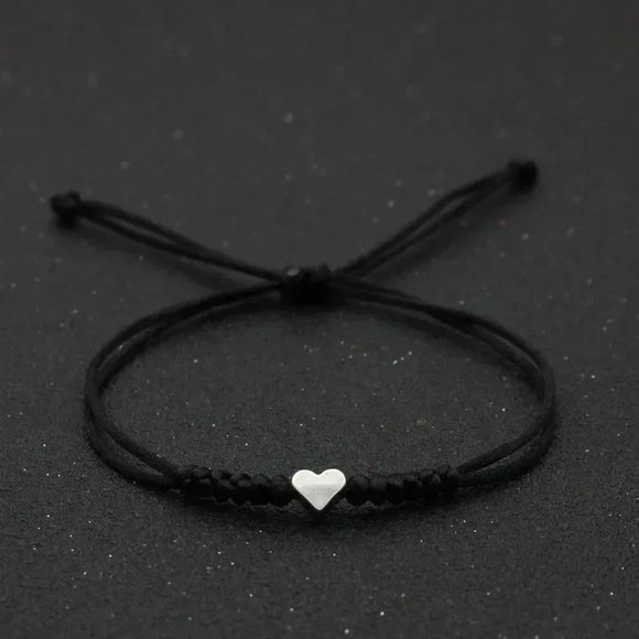 Minimalist Silver Heart Adjustable Slip Knot Black Rope Bracelet NEW - Picture 5 of 5